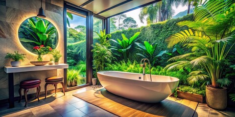 Fototapeta premium Serene Spa Bathroom with Elegant Bathtub, Lush Plants, and Natural Light for Relaxation and Comfort