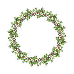Christmas wreath made of green twigs with berries. Hand drawn doodle cozy winter holiday decoration on white background, for Christmas decoration, New Year stickers, decor