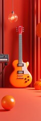 Fototapeta premium Vibrant Orange Electric Guitar in an Artistic Studio Setting