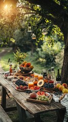 A vibrant outdoor picnic scene showcasing a bountiful spread of fresh fruits, drinks, and a rustic wooden table under a tree.