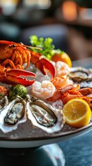 A vibrant seafood platter featuring fresh shrimp, oysters, crab, and garnished with lemon and herbs, perfect for culinary delights.