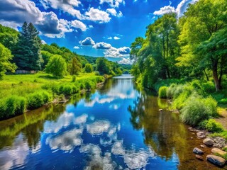 Serene View of Rondout Creek Surrounded by Lush Greenery Under a Bright Blue Sky in Summer