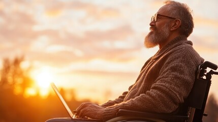 Profile of a man in a wheelchair working on a laptop outside at sunset, a focused expression on his face, the sunset rendering the surrounding landscape picturesque.