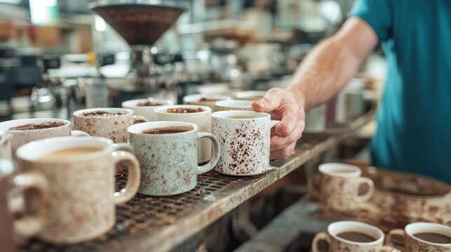 Someone picks a coffee cup from a busy counter filled with various ceramic mugs in a coffee shop, capturing choice, variety, everyday life, and social ritual.