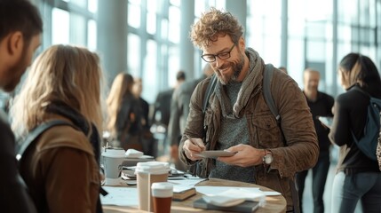 A sociable man engages in light conversation at a conference setting, symbolizing connection and professional development amidst a backdrop of natural light.