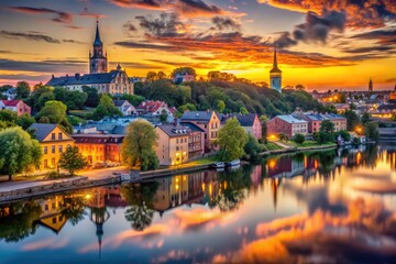 Fototapeta premium Serene Watercolor Cityscape at Dusk with Vibrant Colors and Soft Brushstrokes Creating Atmosphere