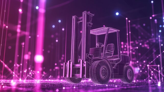 Futuristic Warehouse Wireframe Forklift in Abstract Digital Space with Glowing Lines.
