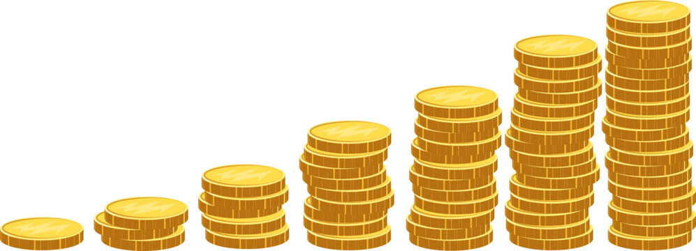 Increase in wealth, the process of accumulating and increasing the number of coins in a stack. Concept of business success, economic or market growth, investment income, capital gains, benefits. 
