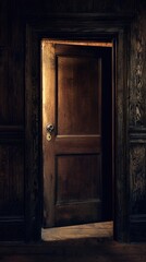 A vintage wooden door partially open, revealing a warm glow from within, creating an inviting and mysterious ambiance.