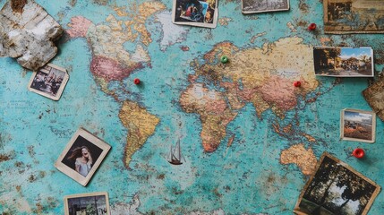 Naklejka premium A vintage world map surrounded by nostalgic travel photos, inviting exploration and adventure through time and geography.