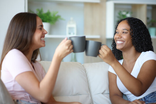 Happy interracial roommates toasting talking at home
