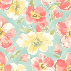 Watercolor Floral Pattern with Pink and Yellow Flowers on Blue Background