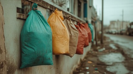 Several colorful bags filled with trash hang from a concrete fence, set against an urban backdrop, with wet pavement and overcast skies indicating a gloomy atmosphere.