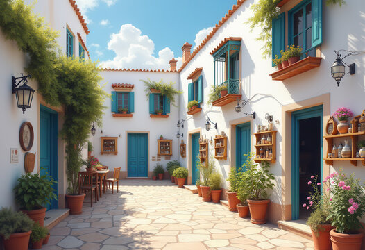 Calle de pueblo mediterr&aacute;neo con casas blancas, macetas con flores y puertas de madera.