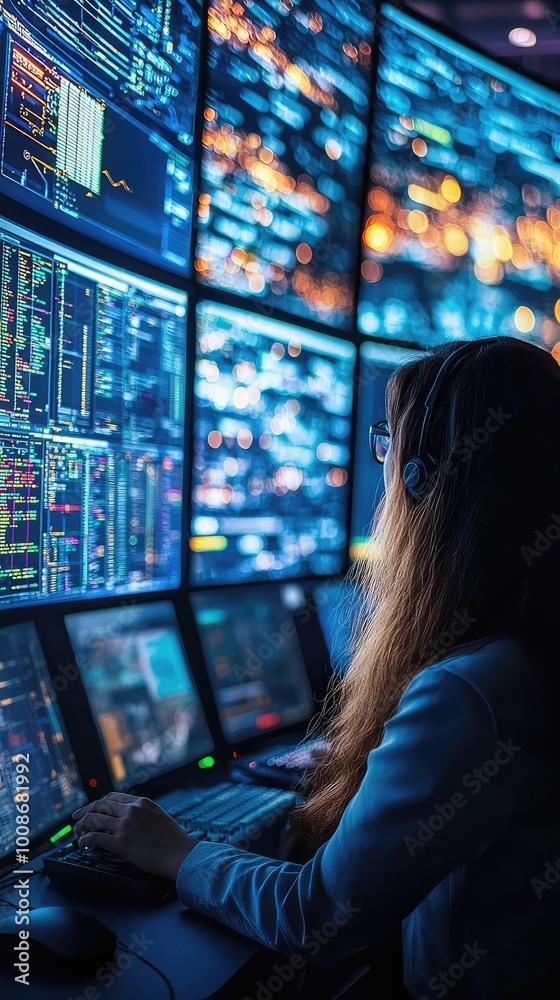 Poster a woman monitors multiple screens displaying data analytics and digital interfaces in a dark workspa