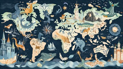 A whimsical world map featuring mythical creatures, landmarks, and vibrant landscapes, ideal for education or fantasy themes.