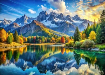 Obraz premium Serene Watercolor Landscape of Majestic Mountains Under a Clear Blue Sky with Soft Textures and Hues