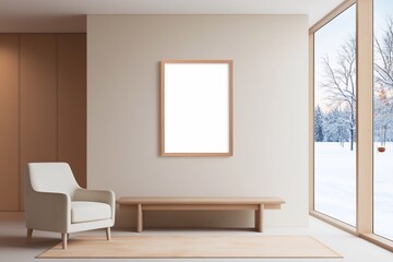 Fototapeta premium Living interior with an armchair and a table, a large window showcase winter landscape.