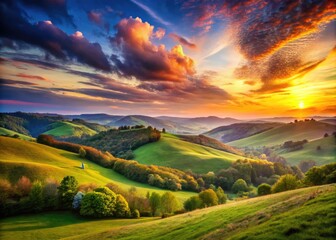 Fototapeta premium Serene Watercolor Landscape of Rolling Hills and Vibrant Sky at Sunset Capturing Natural Beauty