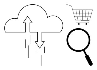 Cloud with up and down arrows, a shopping cart, and a magnifying glass. Minimalist style. Ideal for cloud services, online shopping, data transfer, search optimization, and technology concepts