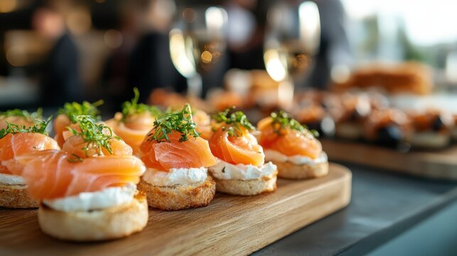 Delicate salmon appetizers, topped with green herbs, are served on a wooden board alongside sparkling wine, creating a sophisticated dining experience.