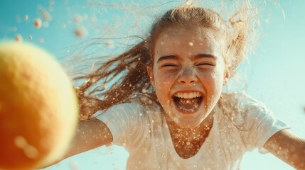 A girl is caught in a moment of joy and laughter during a spirited tennis match, representing youthful energy, fun, and the thrill of active sport.