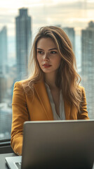 Fototapeta premium Confident Businesswoman in Modern Office Overlooking City 