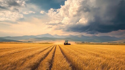 Fototapeta premium Tractor Working in a Golden Field Under a Dramatic Sky