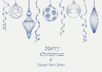 Vintage illustration Marry Christmas and happy new year with balls, toys, ribbons. Blue beige. Hand drawn Vector background for design holiday decor, decoration, greeting card, cover, poster