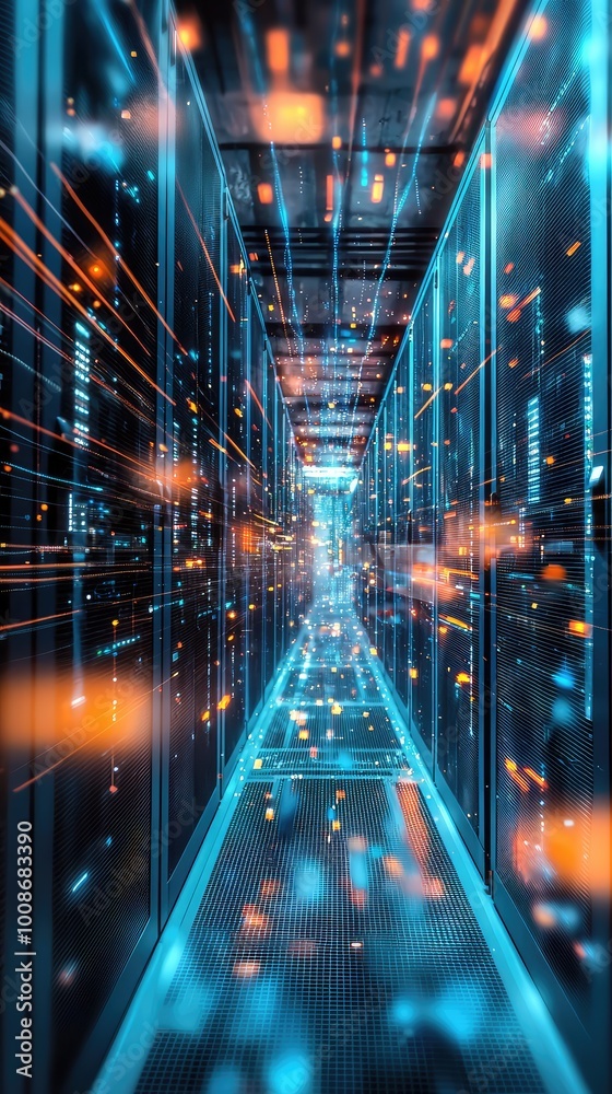 Poster abstract representation of a data center with glowing lines and digital particles illustrating techn