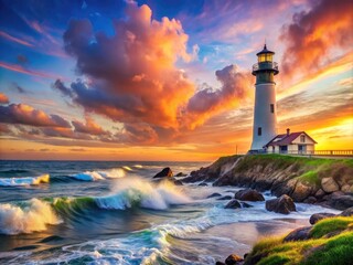 Fototapeta premium Serene Watercolor Lighthouse Scene with Gentle Waves and Soft Sky, Perfect for Coastal Decor and Art