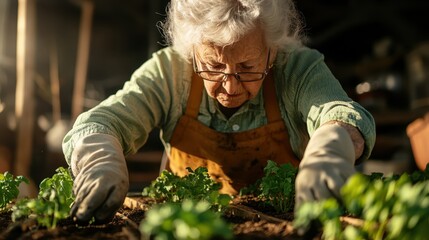 Fototapeta premium An elderly woman meticulously tends to her garden, showcasing her dedication and love for nurturing plants in a tranquil and intimate natural environment.