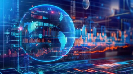 Futuristic digital interface with glowing globe and data visualization elements showcasing global connectivity and technology advancement.