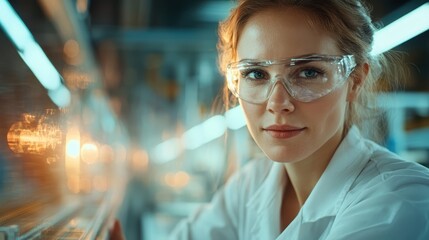 A dedicated scientist wearing safety goggles intensively focused on her work in a cutting-edge laboratory, showcasing determination and technological advancement.