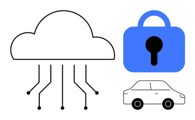 Cloud with circuit lines, blue padlock with keyhole, and car outline. Ideal for technology, automotive security, cloud computing, data protection, and smart vehicles. Modern, minimalist style