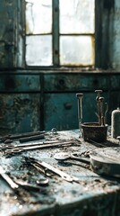 An abandoned workspace featuring rusty tools and faded walls, evoking a sense of nostalgia and decay.
