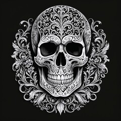 Fototapeta premium Ornate skull print design for t-shirt, intricate details, black and white color scheme