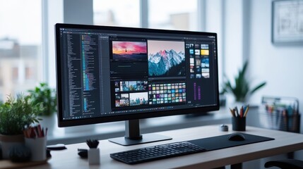 Naklejka premium Editing Software Workspace with Stunning Landscape Image