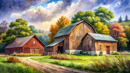 Obraz premium Serene Watercolor Paintings of Rustic Old Barns Surrounded by Nature's Beauty and Tranquility