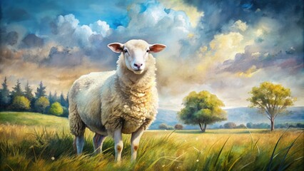 Serene Watercolor Sheep in Pastoral Landscape with Soft Colors and Gentle Brushstroke Techniques