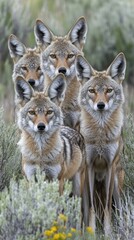 Obraz premium A group of coyotes standing together in a natural setting.