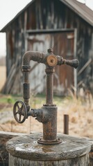 An antique water pump stands prominently against a rustic barn, showcasing vintage craftsmanship and rural charm.