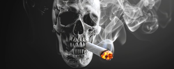 Smoke in the shape of a skull rises from a burning cigarette, symbolizing the deadly effects of smoking and its health risks.