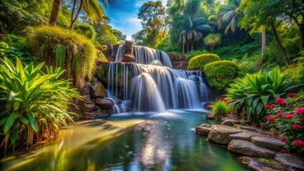 Serene Waterfall Cascading Through Lush Greenery in a Tranquil Garden Setting for Relaxation