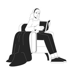 Blonde woman reading book in cozy armchair black and white 2D line character. Caucasian young female enjoying novel. Bookworm hobby isolated vector outline person. Monochromatic spot illustration