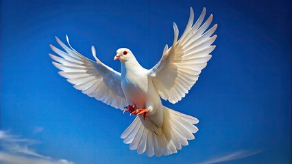 Fototapeta premium Serene White Dove in Flight Symbolizing Peace and Hope Against a Clear Blue Sky Background