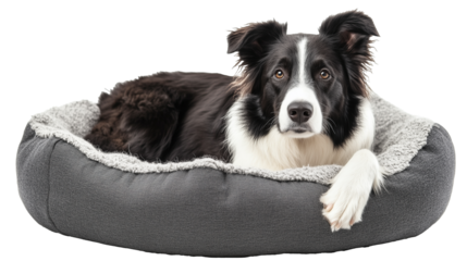Border collie dog lying in a dog bed isolated on transparent or white background