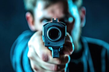 A close-up view of an individual aiming a firearm towards the camera in a dark environment with dramatic lighting