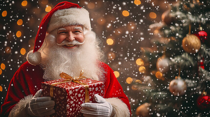 portrait santa claus giving christmas gifts