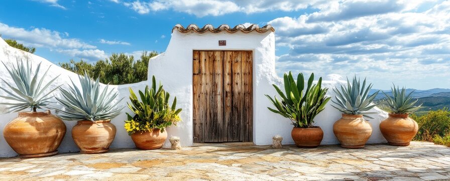A photo of the entrance to an old Spanish finca with white walls and a wooden door, large planters filled with agave plants in front of it, a blue sky with clouds, in the Mediterranean style